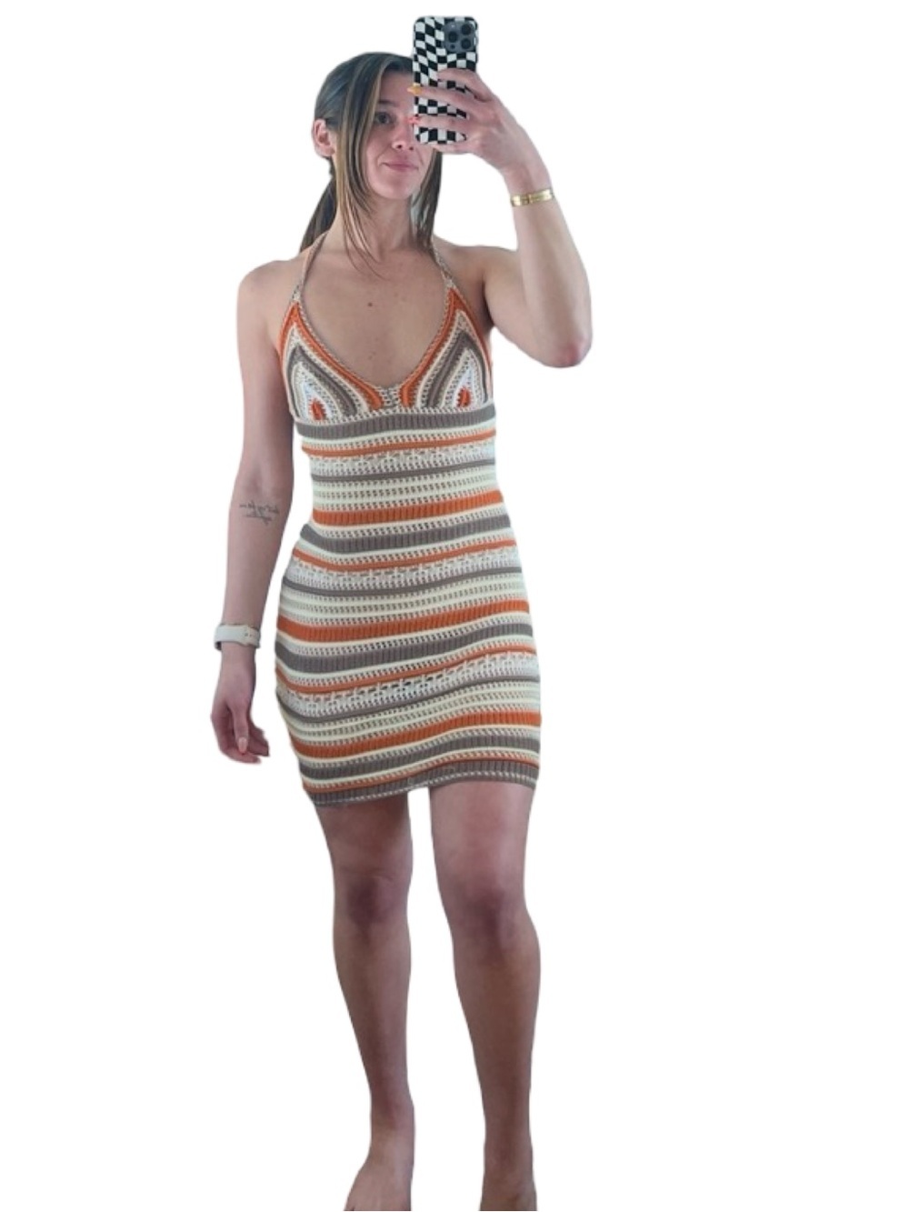 Boho Chic Crochet Halter Mini Dress | Boho Knit Orange & Tan Print | Size Small - Picture 4 of 4